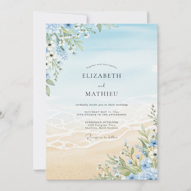 Sky Blue Floral Beach Wedding Invitation (Front)
