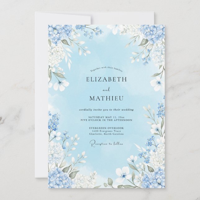 Sky Blue Floral Bloom Wedding Invitation (Front)