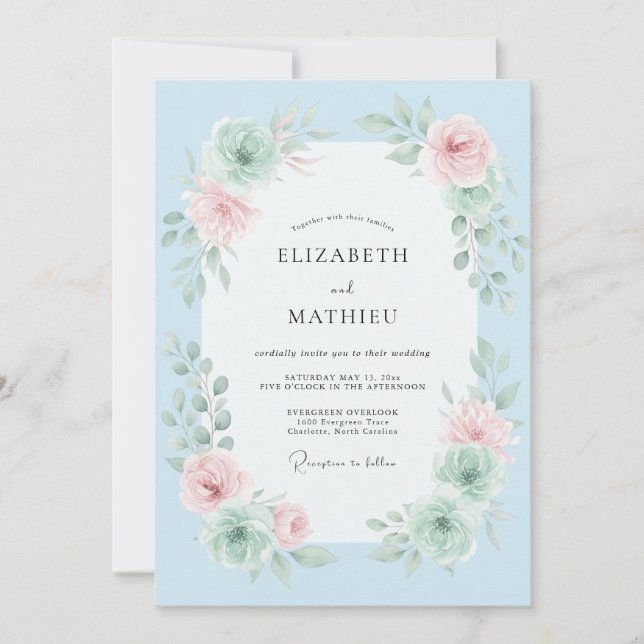 Sky Blue Floral Brushstroke Wedding Invitation (Front)