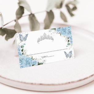 Sky Blue Floral Butterflies Quinceañera XV 16 Place Card