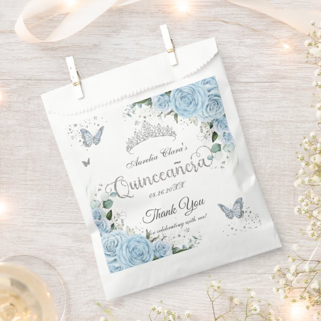 Sky Blue Floral Butterflies Silver Quinceañera 16 Favour Bag (Clipped)