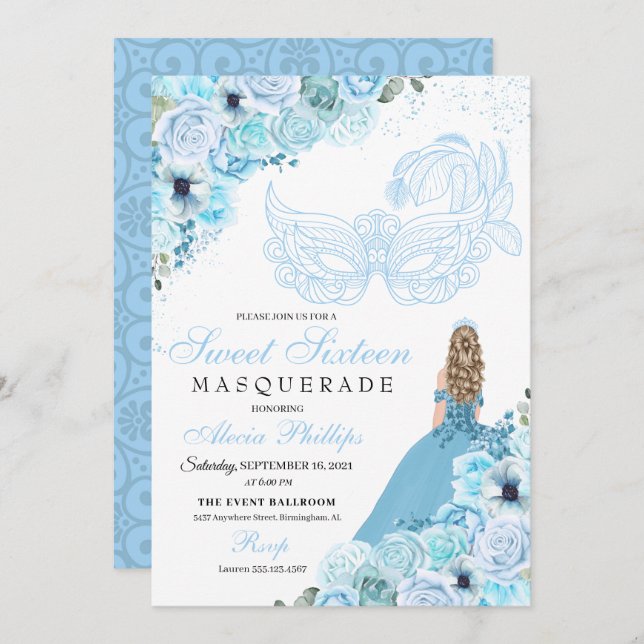 Sky Blue Floral Masquerade Sweet 16 Invitation (Front/Back)
