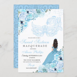 Sky Blue Floral Masquerade Sweet 16 Invitation