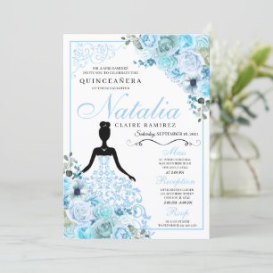 Sky Blue Floral Quinceanera Birthday Invitation