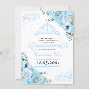 Sky Blue Floral Quinceanera Birthday Invitation