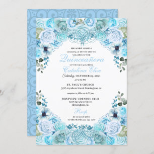 Sky Blue Floral Quinceanera Birthday Invitation