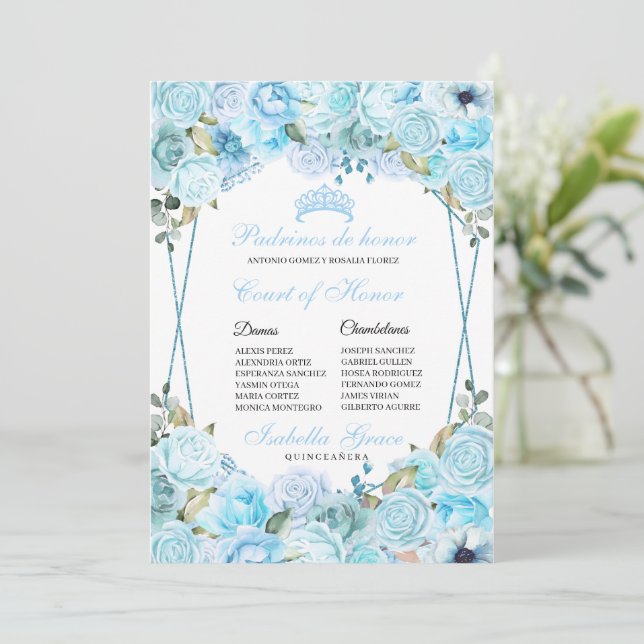 Sky Blue Floral Quinceanera Court of Honour Invitation (Standing Front)