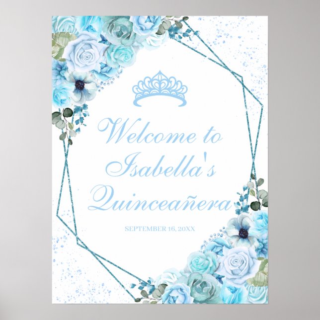 Sky Blue Floral Quinceanera Welcome Sign (Front)