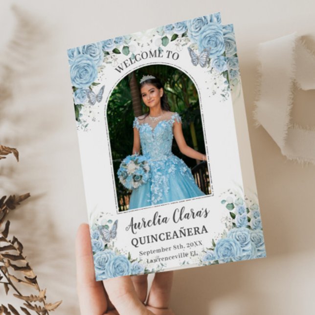 Sky Blue Floral Silver Quinceañera Order of Events Program (Creator Uploaded)