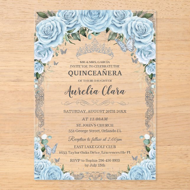 Sky Blue Floral Silver Sweet Sixteen QUINCEAÑERA Acrylic Invitations (Front)