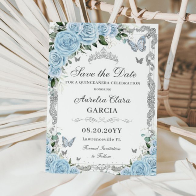 Sky Blue Floral Silver Sweet Sixteen QUINCEAÑERA Save The Date (Creator Uploaded)