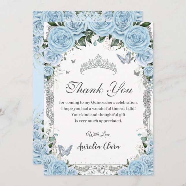 Sky Blue Floral Sweet 16 Quinceañera Thank Card  (Front/Back)