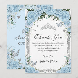 Sky Blue Floral Sweet 16 Quinceañera Thank Card 