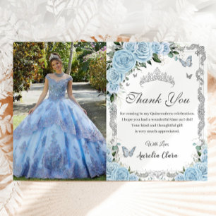 Sky Blue Floral Sweet Sixteen Quinceañera Picture Thank You Card