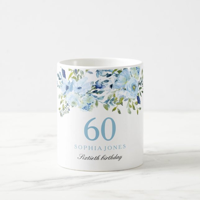 Sky Blue Floral Watercolor 60th Birthday Party Coffee Mug (Center)