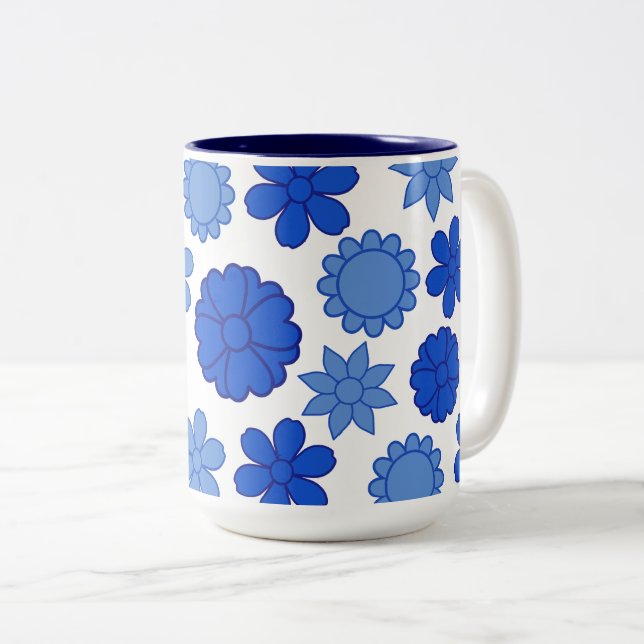Sky Blue Flower Pattern Two-Tone Coffee Mug (Front Right)