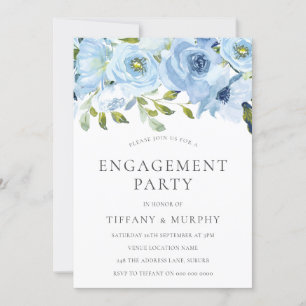 Sky Blue Flowers Watercolor Engagement Party Invitation