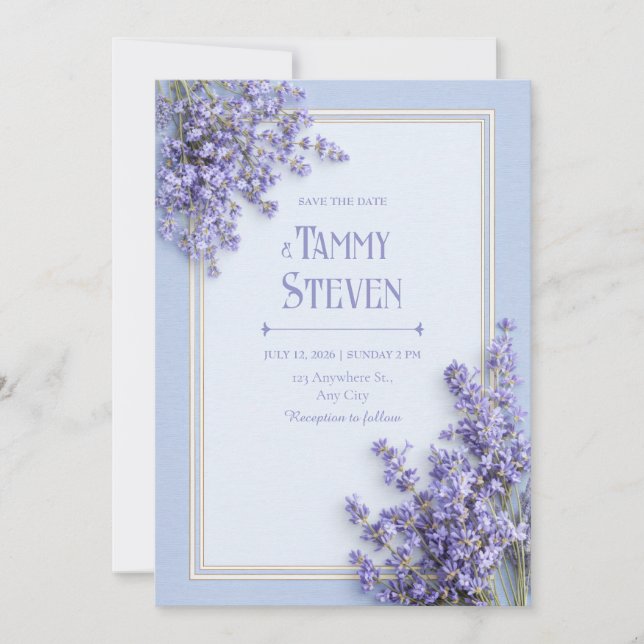 Sky Blue French Lavender Gold Frame Wedding Invitation (Front)