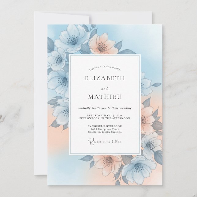 Sky Blue Gentle Bloom Wedding Invitation (Front)