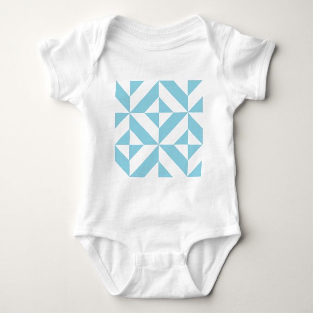 Sky Blue Geometric Deco Cube Pattern Baby Bodysuit (Front)