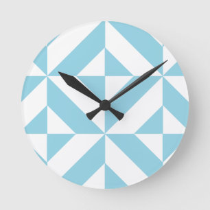 Sky Blue Geometric Deco Cube Pattern Round Clock