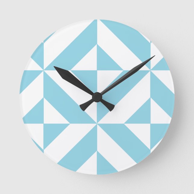 Sky Blue Geometric Deco Cube Pattern Round Clock (Front)