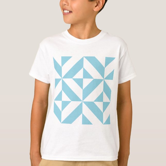 Sky Blue Geometric Deco Cube Pattern T-Shirt (Front)