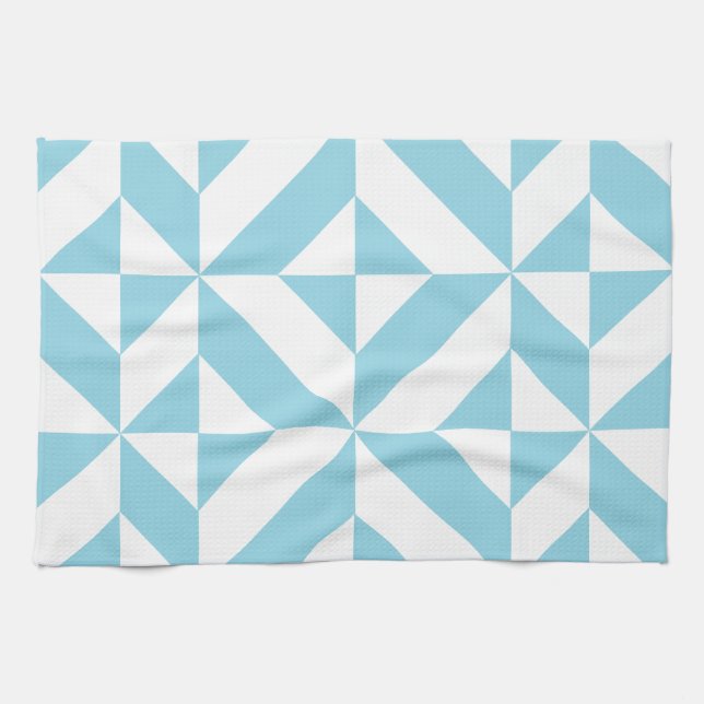 Sky Blue Geometric Deco Cube Pattern Tea Towel (Horizontal)
