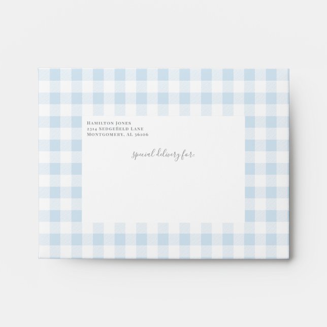 Sky Blue Gingham Check Personal Stationery Envelope (Front)
