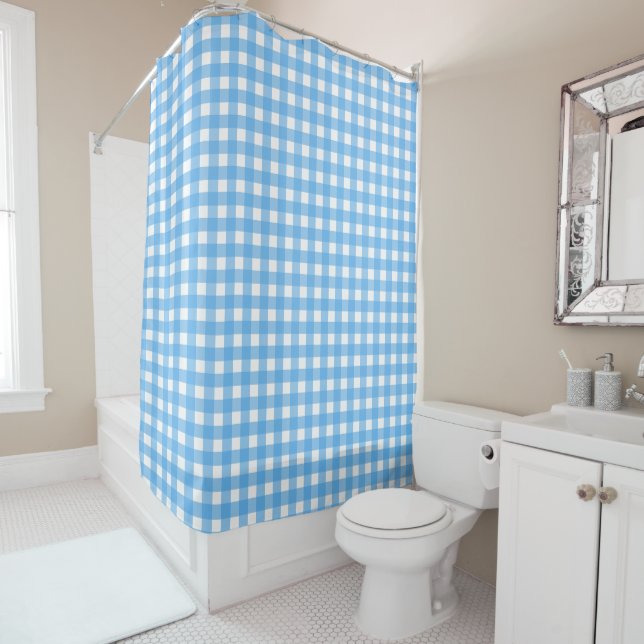 Sky blue gingham shower curtain (In Situ)