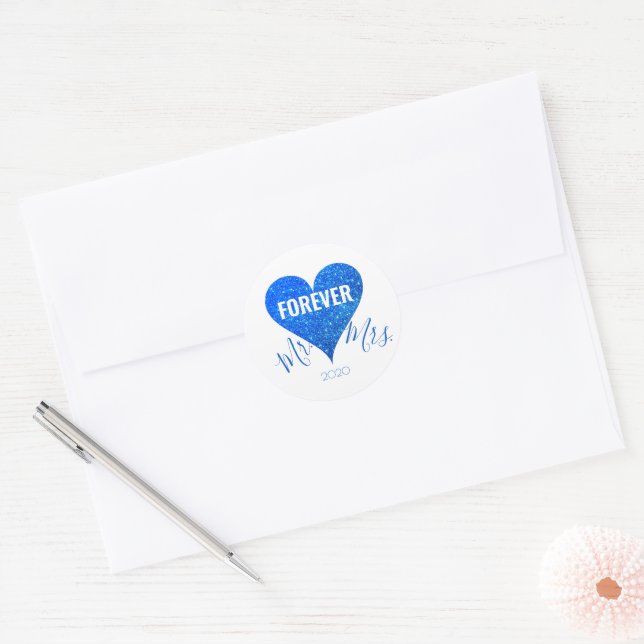 Sky Blue Glitter Heart Mr+Mrs Round Sticker (Envelope)