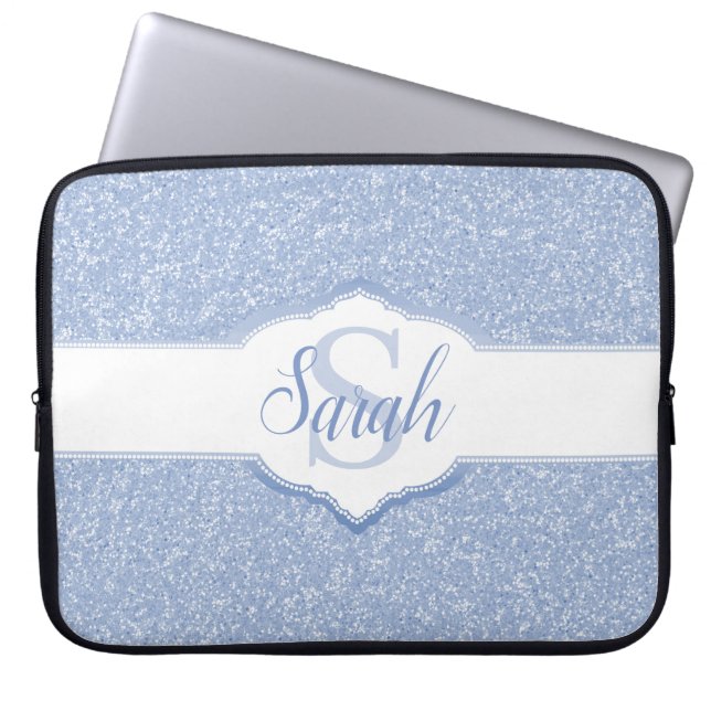 Sky Blue Glitter Monogram Laptop Sleeve (Front)