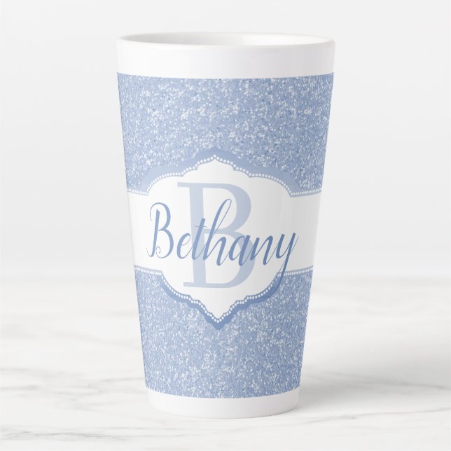Sky Blue Glitter Monogram Latte Mug (Front)