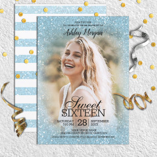 Sky Blue Glitter Photo Template Sweet 16 Party