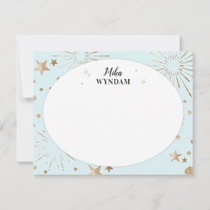 Sky Blue Glitter Stars and Fireworks Note Card