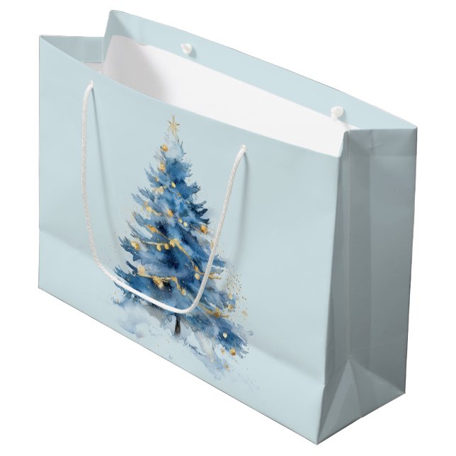 Sky Blue Gold Christmas Trees Large Gift Bag (Front Angled)