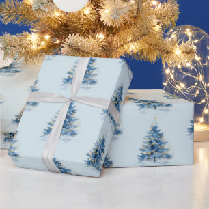 Sky Blue Gold Christmas Trees Wrapping Paper