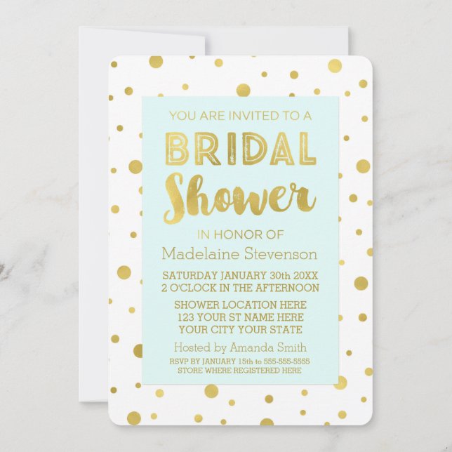 Sky Blue Gold Confetti Bridal Shower Invitations (Back)