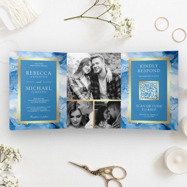 Sky Blue Gold Fluid Ink QR Code Wedding Tri-Fold Invitation (Creator Uploaded)