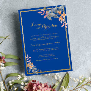 Sky blue gold glitter pink orange floral Wedding  Invitation