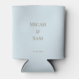 Sky Blue Gold Text Names & Date Wedding Can Cooler