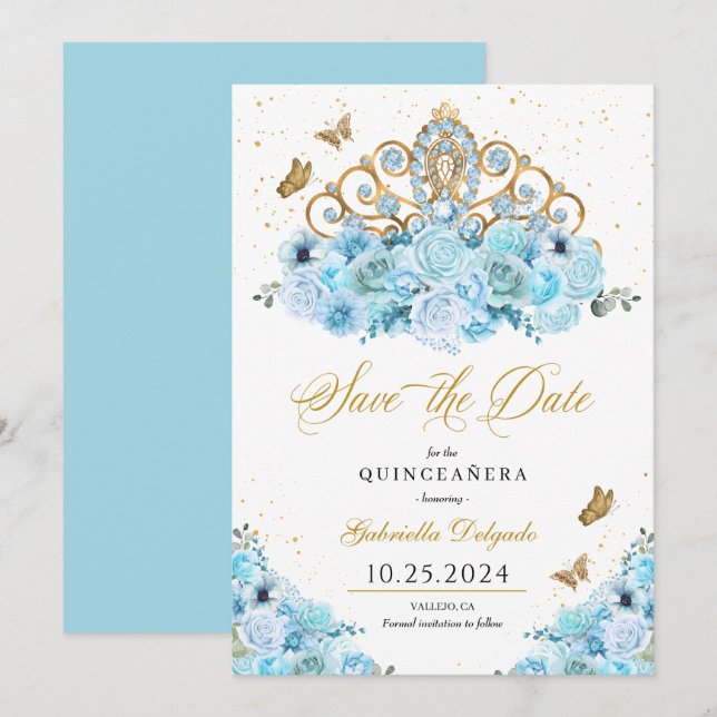 Sky Blue & Gold Tiara Save The Date Quinceañera Invitation (Front/Back)
