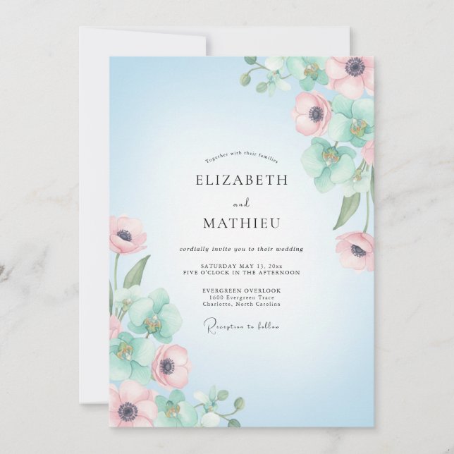 Sky Blue Graceful Anemone Wedding Invitation (Front)