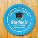 Sky Blue Graduate Custom 2025 Graduation Party Paper Plate<br><div class="desc">This modern sky blue and white custom graduation party paper plate features classy typography of your high school or college name for the class of 2025. Customise with your graduating year under the chic handwritten script and black grad cap for great personalised graduate decor.</div>