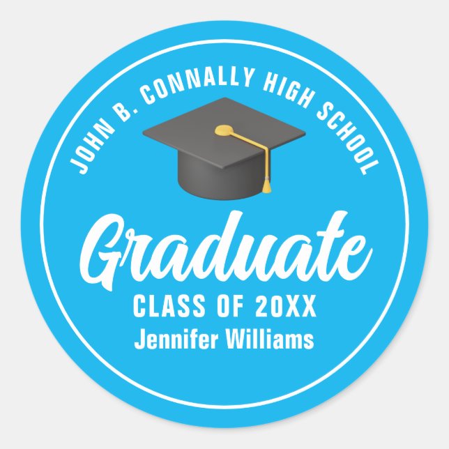 Sky Blue Graduate Custom Graduation Party Classic Round Sticker (Front)