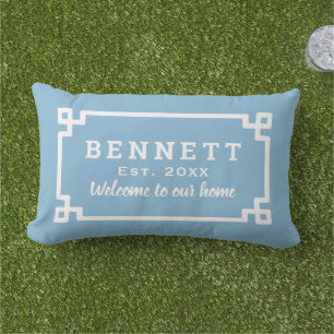 Sky Blue Greek Key Custom Monogram Welcome Lumbar Cushion