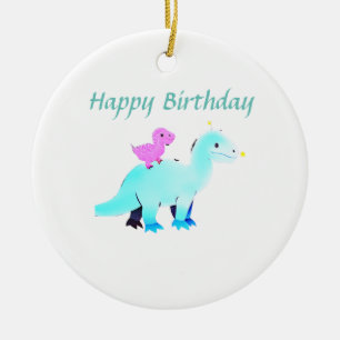 Sky blue green red watercolor dinosaur birthday ad ceramic ornament