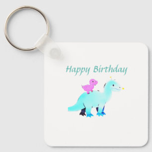Sky blue green red watercolor dinosaur birthday ad key ring