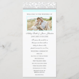 Sky Blue Grey Damask Photo Wedding Program