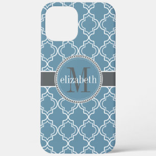 Sky Blue Grey White Moroccan Quatrefoil Monogram iPhone 12 Pro Max Case